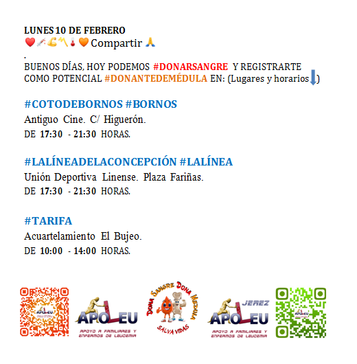 ApoLeuJerez's tweet photo. LUNES 10 DE FEBRERO PUEDE #DONARSANGRE Y REGISTRARSE COMO #DONANTEDEMÉDULA
@ApoLeu EN ❤️💉💪〽️🌡🧡 RT🙏

#BORNOS #COTODEBORNOS
@AytoBornos @guadabornos @reylabert @CrisPasReal @IUBornos @carolina_gemela @noemi_palomares @Cristinagemely 

#DONASANGRE #DONAMÉDULA #SALVAVIDAS https://t.co/B6pP98n4ZE