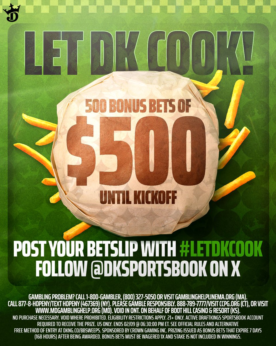 Tony Gonzalez (@tonygonzalez88) on Twitter photo DraftKings is cooking up something BIG! Want a shot at a $500 Bonus Bet for Super Bowl 59? Post your betslip with #LetDKCook + follow <a href="/DKSportsbook/">DraftKings Sportsbook</a> and you could be one of 500 winners 🔥
Rules: dkng.co/BBSweeps #DKPartner DraftKings is cooking up something BIG! Want a shot at a $500 Bonus Bet for Super Bowl 59? Post your betslip with #LetDKCook + follow <a href="/DKSportsbook/">DraftKings Sportsbook</a> and you could be one of 500 winners 🔥
Rules: dkng.co/BBSweeps #DKPartner