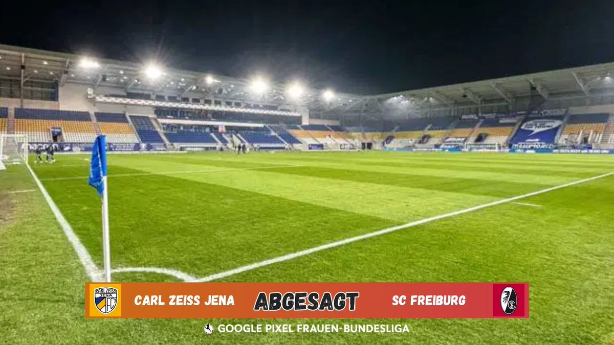 FFB_Ergebnisse's tweet photo. #Bundesliga | #DieLiga | 14.Spieltag | #FCCSCF
โ Carl Zeiss Jena - SC Freiburg
Wieder mal eine Spielabsage in Jena: Der Rasen in der Ad Hoc Arena ist nicht bespielbar, weswegen das morgige Montagsspiel gegen den SC Freiburg abgesagt wurde https://t.co/DuE2IxefGA