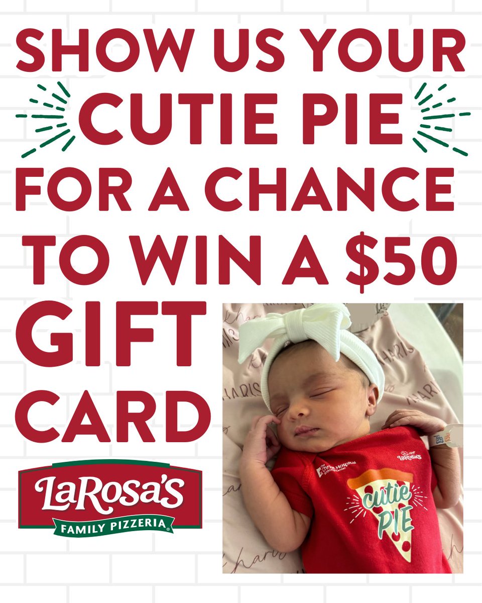 LaRosa's Pizzeria (@larosaspizza) on Twitter photo Pizza and babiesālifeās two greatest reasons to cheese š! This National Pizza Day, weāre teaming up with <a href="/ChristHospital/">The Christ Hospital Health Network</a> to celebrate both. šš¼ Enter for a chance to win one of five $50 LaRosaās Gift Cards by replying with a picture of your little cutie pie OR sharing a fun Pizza and babiesālifeās two greatest reasons to cheese š! This National Pizza Day, weāre teaming up with <a href="/ChristHospital/">The Christ Hospital Health Network</a> to celebrate both. šš¼ Enter for a chance to win one of five $50 LaRosaās Gift Cards by replying with a picture of your little cutie pie OR sharing a fun