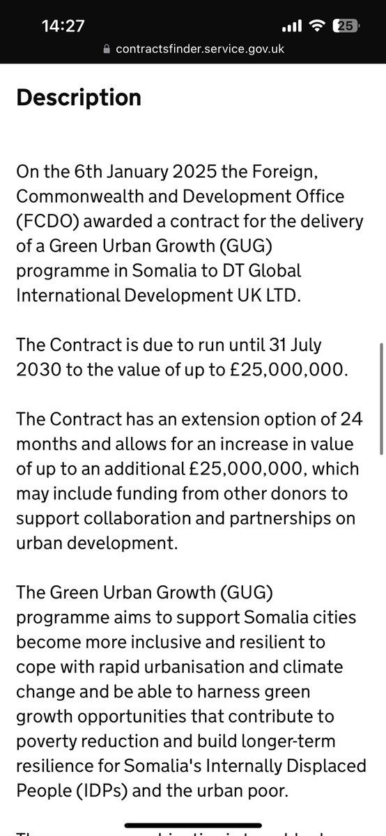 procurementfile's tweet image. The UK Taxpayer will spend £25,000,000 to support Green Urban Growth in Somalia

There is an extension option for an additional £25,000,000

Contract awarded to one supplier

Awarded by the UK’s Foreign Commonwealth Development Office

@WokeWaste