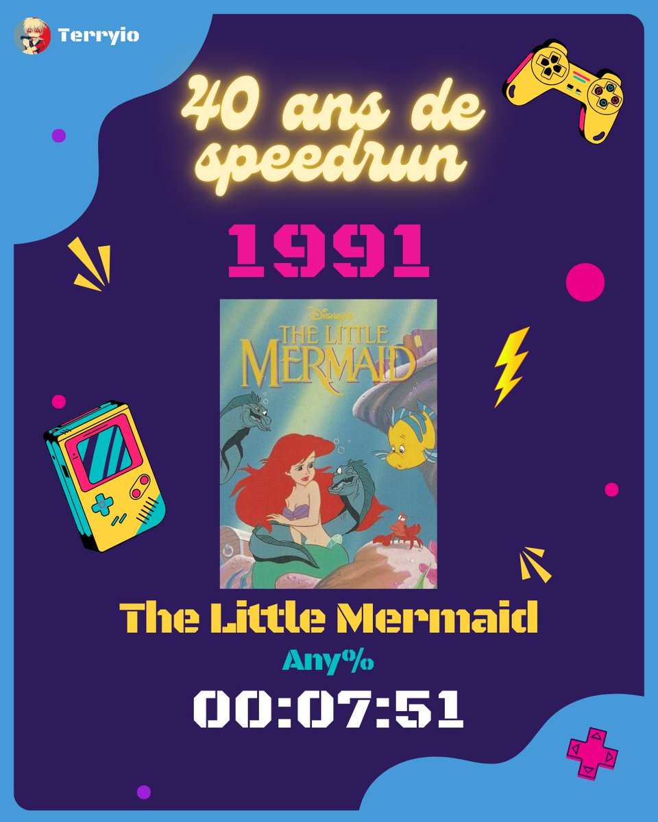 [40 ans de speedrun]
1991 - The Little Mermaid
Any%

Pas trop d'idée pour 1991, donc un p'tit Disney et c'est un jeu pas bien compliqué mais très cool fait en 7m51s.

Next ➡️ 1992 - Tiny Toon Adventures: Buster Busts Loose!
Tracking : bit.ly/407uzrJ