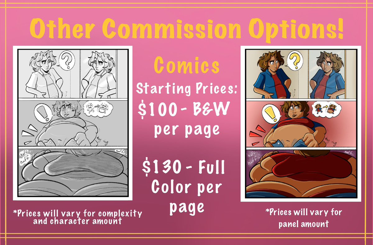 WAZZUP CREW IM FINALLY READY TO OPEN C0MMISH

here r my prices ♥️ i take 4 slots at a time, the 🔗 to the form shall be below (+my will do/wont do list)

hope to see u and thanks for checking me out!!!!