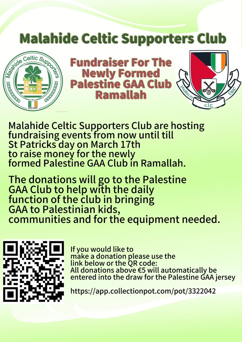 The very best of luck to all those involved at <a href="/malahidecsc/">Malahide Celtic Supporters Club</a> with this project.
Malahide CSC is raising money to help with the daily running of the newly formed Palestine GAA club in Remallah.
Please donate, forward and share

app.collectionpot.com/pot/3322042
