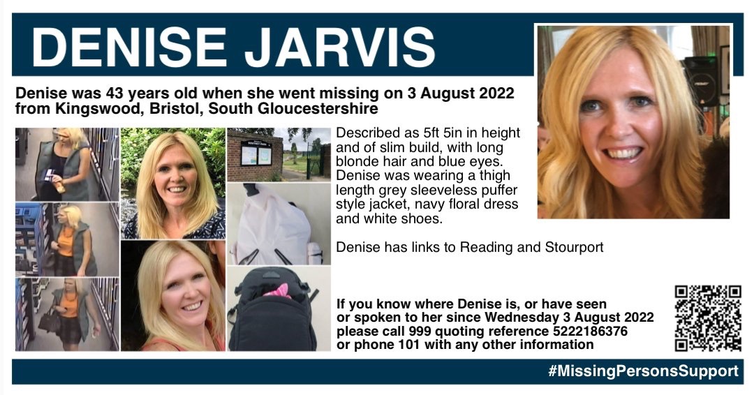 MisPersSupport's tweet photo. This week’s #SaturdayShare is for Denise Jarvis who went missing on 3 August 2022 from Kingswood, #Bristol

If you know where Denise is, or have seen or spoken to her since Wednesday 3 August 2022, please call 999 quoting reference 5222186376, or phone 101 with any other information. 

Full appeal:
https://t.co/zsmuTTMOPG

#FindDeniseJarvis #MissingPersonsSupport