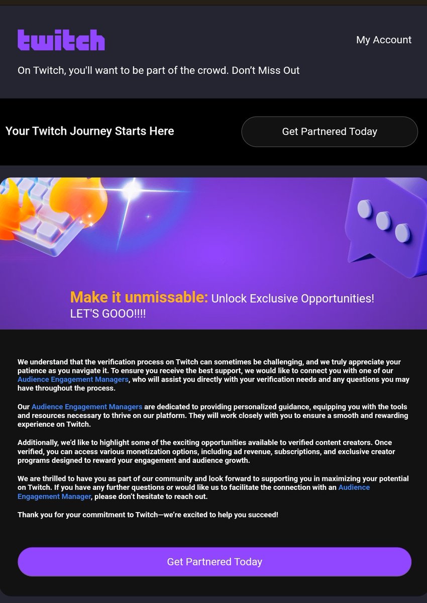 AnotherPlanetTV's tweet image. PLEASE SHARE! SCAM ALERT! 

If you receive this email, DO NOT ENGAGE. Accounts pretending to be Twitch are emailing streamers promising Partner Status on Twitch. Clicking that link/button compromises your account!

The only way to get Partnered on Twitch is through Twitch&apos;s…