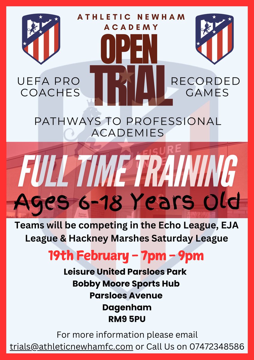 ⚽ OPEN FOOTBALL TRIALS ⚽
Are you aged 6-18 and ready to showcase your skills? Join us for open trials at:

📅 Wednesday, 19th February 
📍 Bobby Moore Sports Hub l RM9 5PU
⏰ 7 PM - 9 PM

Don’t miss this opportunity to take your game to the next level! No registration needed –