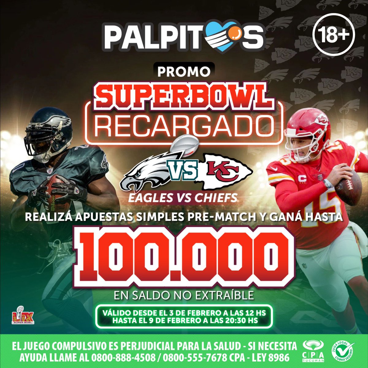 ¡Participá de la promo #SUPERBOWLRECARGADO en @Paliptosok! 🤩🏈 Philadelphia Eagles vs Kansas City Chiefs. ¡Hay 100.000 en premios! Hacé tu jugada ➡️ lc.cx/FEQRx9