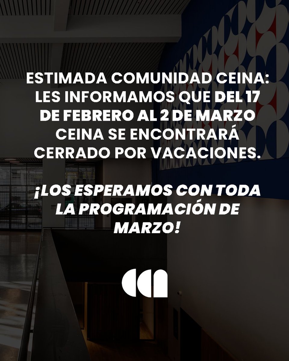 Centro_Ceina's tweet image. 📢 Estimada comunidad:

Les informamos que CEINA permanecerá cerrado del 17 de febrero al 2 de marzo por vacaciones.

¡Nos reencontramos en marzo con toda la programación que hemos preparado para ustedes! 🙌

#CEINA #Vacaciones #Cerrado