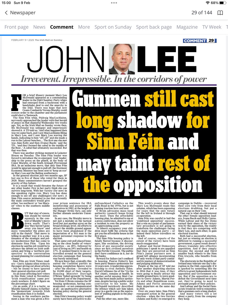 Sinn Fein promised change. But they have regressed…Labour and Soc Dems beware … my column <a href="/IrishMailSunday/">Irish Mail on Sunday</a>