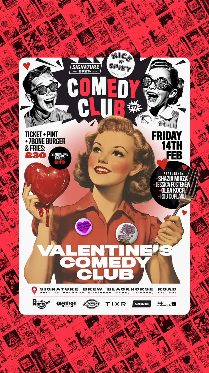 Nice N' Spiky Comedy (@nicenspiky) on Twitter photo Valentine's Comedy Club, Everyone Welcome <a href="/SignatureBrew/">Signature Brew</a> <a href="/SignatureBrewBH/">Signature Brew Blackhorse Rd</a> This Friday with Special Guests <a href="/shaziamirza1/">Shazia Mirza</a> <a href="/jessicafostekew/">Jessica Fostekew</a> <a href="/rocknrolga/">Olga Koch</a> <a href="/Robertdcopland/">Rob Copland</a> SEATS: tixr.com/groups/signatu… Valentine's Comedy Club, Everyone Welcome <a href="/SignatureBrew/">Signature Brew</a> <a href="/SignatureBrewBH/">Signature Brew Blackhorse Rd</a> This Friday with Special Guests <a href="/shaziamirza1/">Shazia Mirza</a> <a href="/jessicafostekew/">Jessica Fostekew</a> <a href="/rocknrolga/">Olga Koch</a> <a href="/Robertdcopland/">Rob Copland</a> SEATS: tixr.com/groups/signatu…
