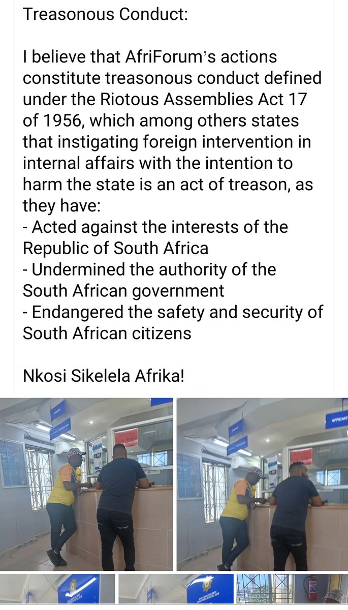 BREAKING NEWS:

South African citizens are opening cases of TREASON against Afriforum in Lingelethu Police Station in Khayelitsha.