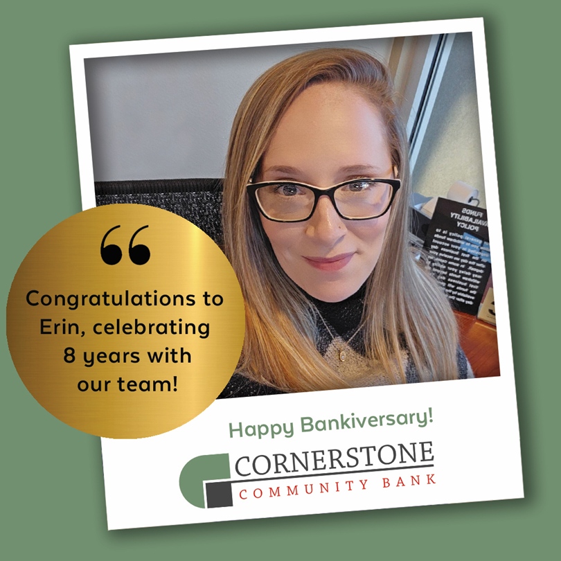 👏 🎉 Eight years of excellence! Erin’s commitment and expertise continue to make a lasting impact on our customers and team. Happy 8-year Bankiversary, Erin!