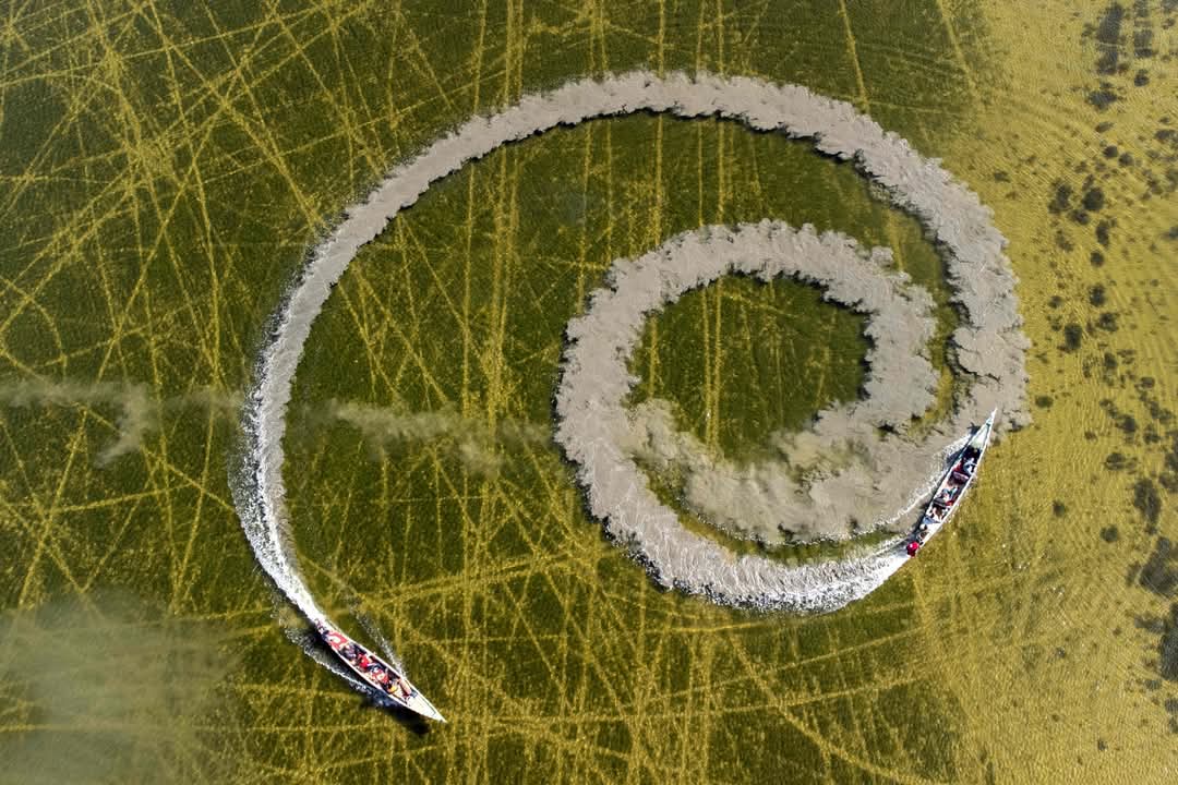 AqeelAlmansrawi's tweet photo. The waters of the Chibayish #Marshes in Dhi Qar Governorate appear from the sky like a masterpiece painted by nature, with intertwined lines drawn by boats carving their paths in harmony with the surroundings.
📸 Asaad NIAZI / AFP https://t.co/FQGK62CdcK