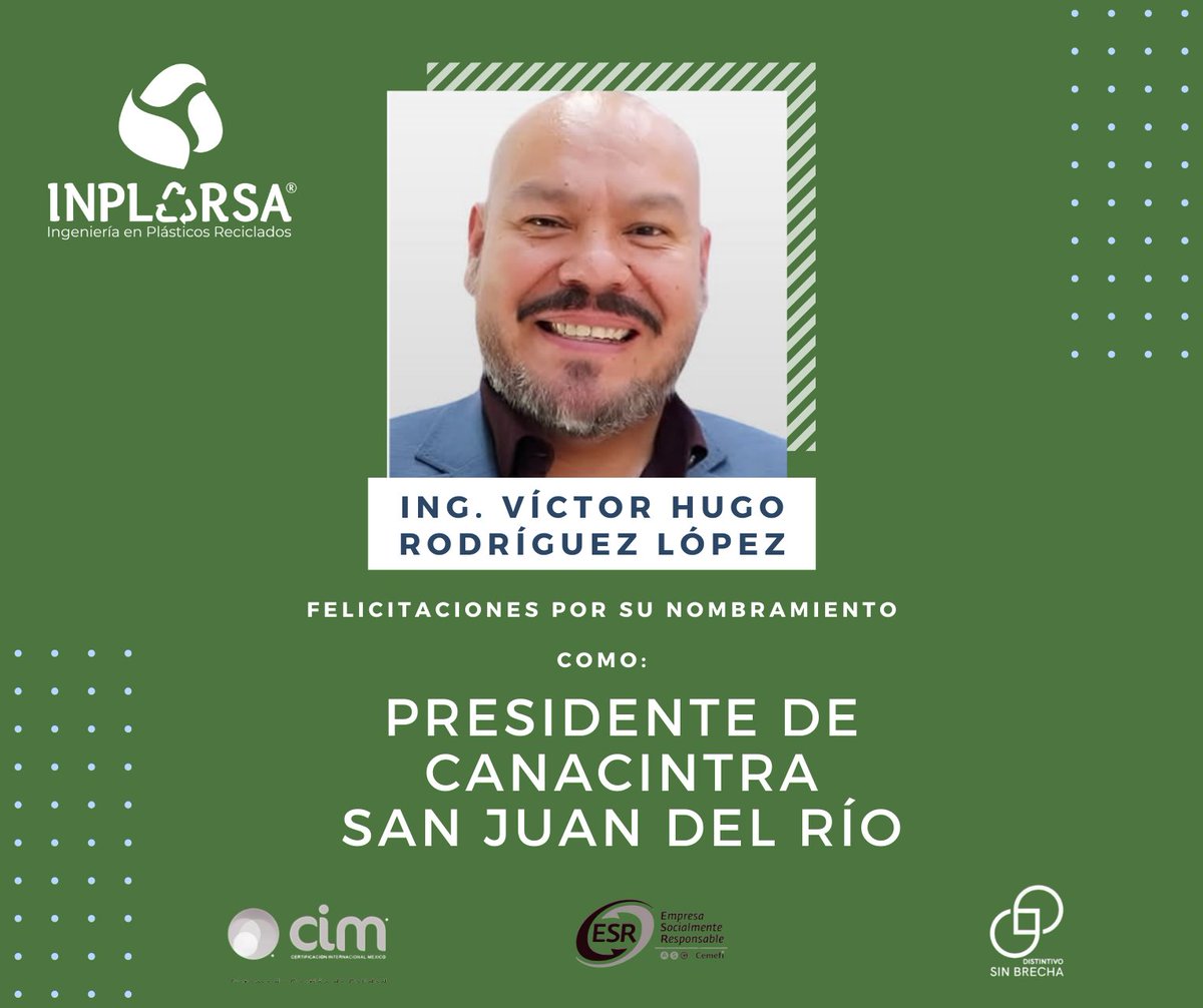 INPLARSA's tweet photo. En INPLARSA, reconocemos y celebramos el nombramiento del Ing. Víctor Hugo Rodríguez López como Presidente de @CanacintraSJR

Su liderazgo impulsará el desarrollo industrial y la innovación en nuestra región. 

#LiderazgoIndustrial #CANACINTRA #SanJuanDelRío #INPLARSA https://t.co/l52OGWMVDV