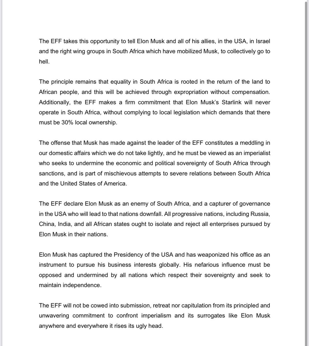 Samira Sawlani (@samirasawlani) on Twitter photo South African political party <a href="/EFFSouthAfrica/">Economic Freedom Fighters</a> have responded to Elon Musk’s call for <a href="/Julius_S_Malema/">Julius Sello Malema</a> to be declared an “intl criminal”- They describe Musk as “a global billionaire maniac” who thinks of himself as the Supreme ruler- & tell Musk & his allies “to go to hell”. South African political party <a href="/EFFSouthAfrica/">Economic Freedom Fighters</a> have responded to Elon Musk’s call for <a href="/Julius_S_Malema/">Julius Sello Malema</a> to be declared an “intl criminal”- They describe Musk as “a global billionaire maniac” who thinks of himself as the Supreme ruler- & tell Musk & his allies “to go to hell”.