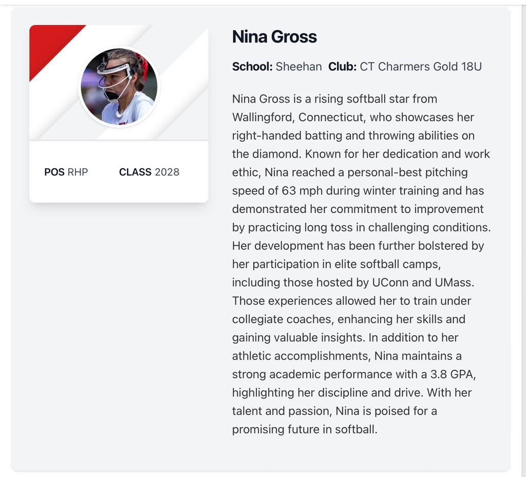 Thanks to <a href="/PrepSoftball/">Prep Softball 🥎</a> for the recognition and adding me to the 2028 top prospects list to watch in Connecticut! I can’t wait for high school softball! <a href="/GPER/">George J. Perlotto</a> <a href="/SheehanSoftball/">Sheehan Softball</a> <a href="/MTSAthletics/">Sheehan Athletics</a> <a href="/LineDsoftball/">Line Drive Media</a> <a href="/ExtraInningSB/">EXTRA INNING SOFTBALL</a> <a href="/CharmerSoftball/">Connecticut Charmers</a> <a href="/CoachRuss3/">Russ Senerchia</a> <a href="/insider_ct/">CT Insider</a> <a href="/MaxPreps/">MaxPreps</a>