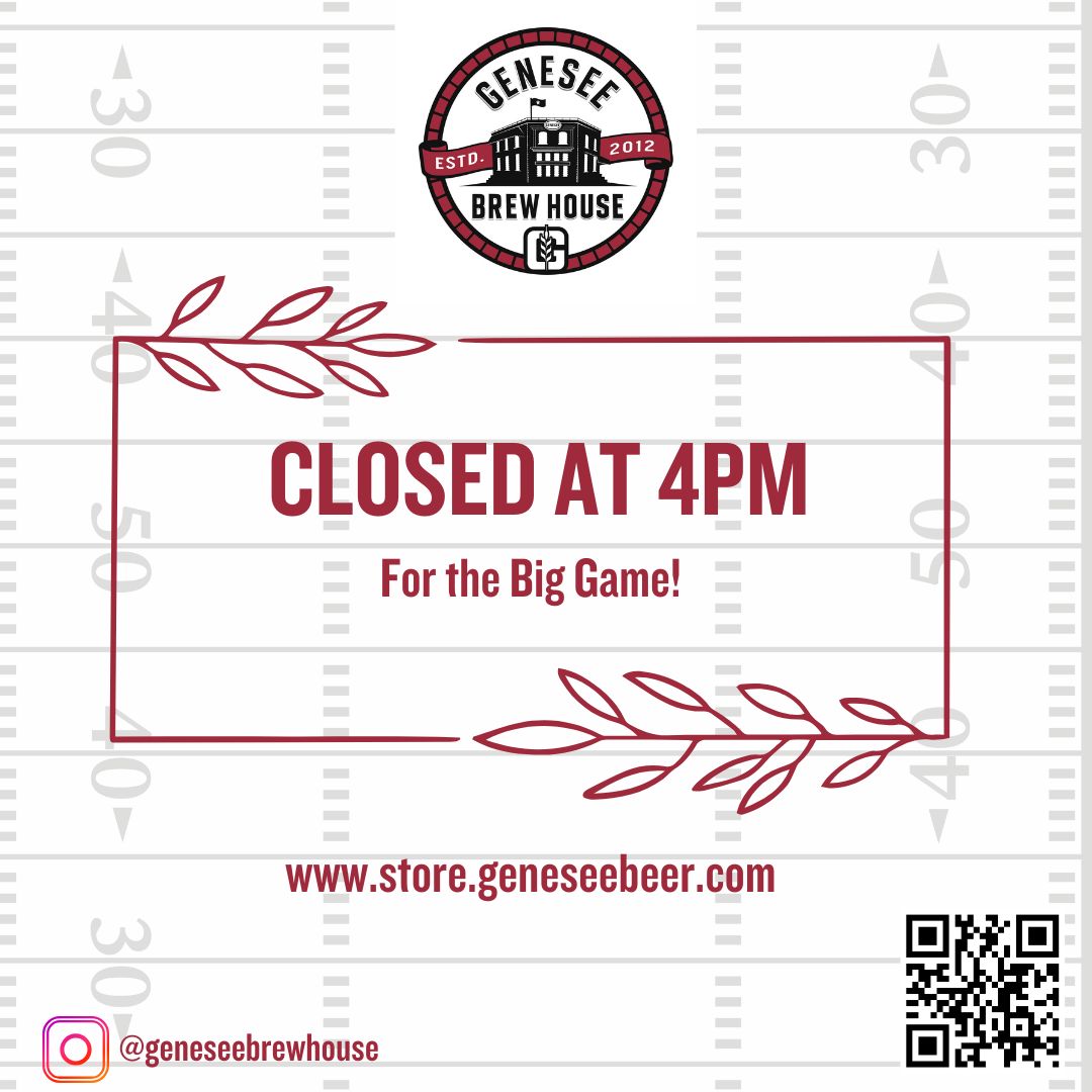 We're closing up shop a little bit early today to get ready for the big game. Don't forget to stop by for some last minute, fresh draft beer to-go! Buy one get one free Growler fills, and buy 2 get 1 free Crowlers all day. Cheers!

#ROC #gennybeer #rocbeer