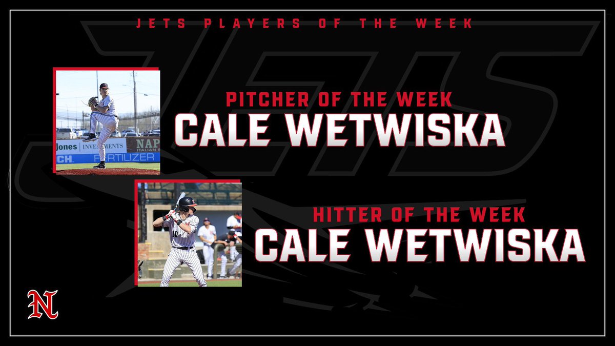 Northern Oklahoma College Jets Baseball (@nocenidjets) on Twitter photo Here are your Jets players of the week for Week 2!โ๏ธโผ๏ธ
Pitcher of the Week:
<a href="/CaleWetwiska/">Cale Wetwiska</a>: 5IP, 3H, 0R, 0BB, 9K
Hitter of the Week:
<a href="/CaleWetwiska/">Cale Wetwiska</a>: 5-12 (.417 AVG) 3HRs, 1 3B, 8RBI, 3R
#JetFam Here are your Jets players of the week for Week 2!โ๏ธโผ๏ธ
Pitcher of the Week:
<a href="/CaleWetwiska/">Cale Wetwiska</a>: 5IP, 3H, 0R, 0BB, 9K
Hitter of the Week:
<a href="/CaleWetwiska/">Cale Wetwiska</a>: 5-12 (.417 AVG) 3HRs, 1 3B, 8RBI, 3R
#JetFam