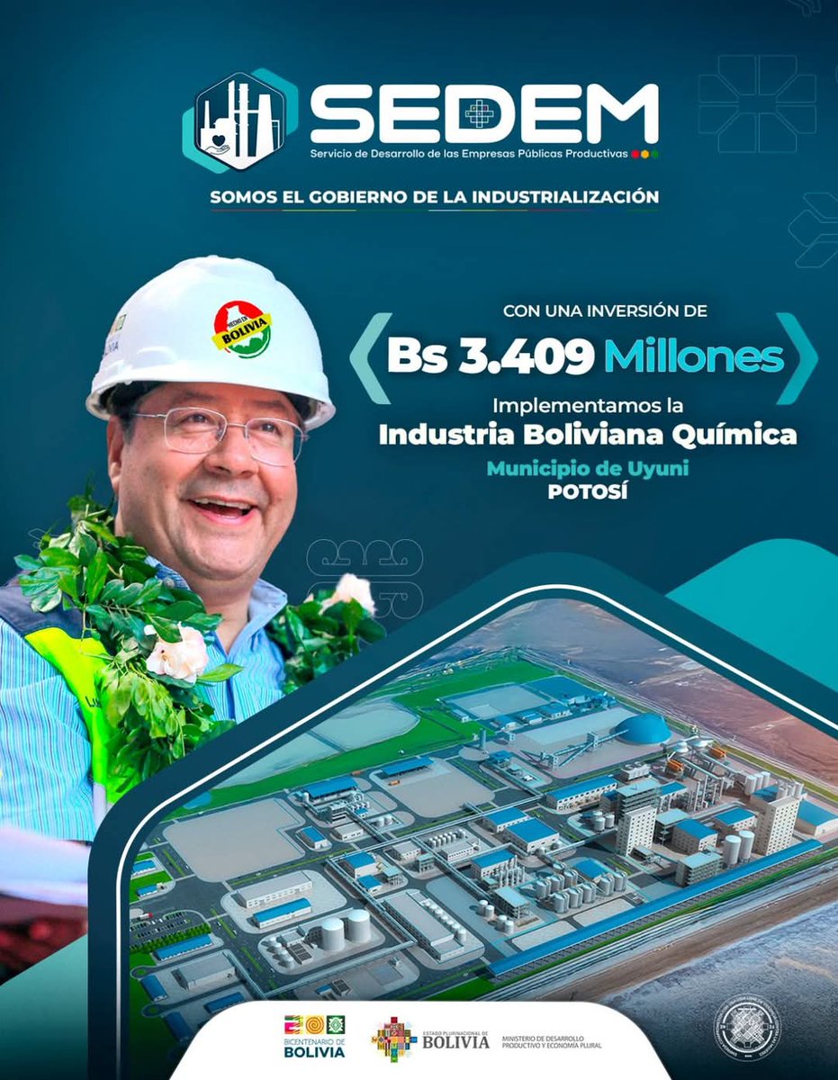 Sedem_Bolivia's tweet photo. ¡Fortalecemos la industria boliviana! 🇧🇴💪

Con una inversión de 3,409 millones de bolivianos, estamos implementando la Industria Boliviana Química (#IBQ) en Uyuni, Potosí, fortaleciendo el desarrollo productivo y generando más oportunidades para nuestra gente. https://t.co/vIZnG0CCBb