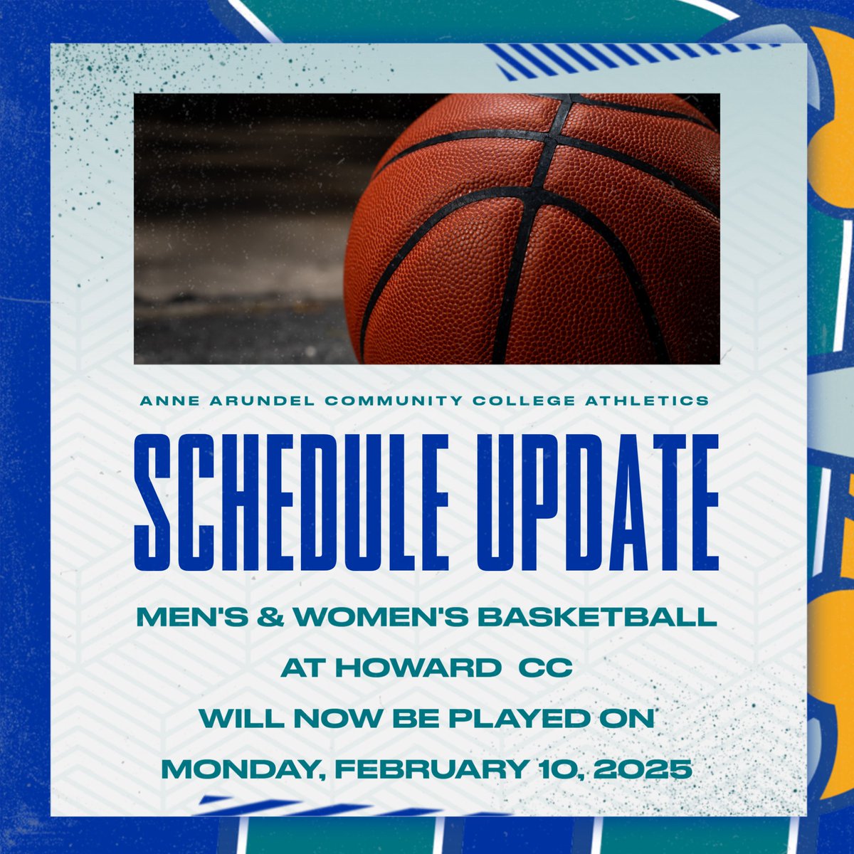 AACCAthletics's tweet photo. SCHEDULE UPDATE: Men's and Women's Basketball games at Howard CC scheduled for Wednesday, February 12, will now be played on Monday, February 10. Women tip off at 5 p.m., men at 7 p.m. https://t.co/z8SkOoHjwz