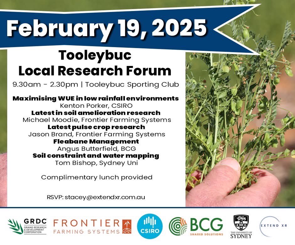 Local Research Forums are on next week. 
Find out about the latest research in the Mallee.

Tuesday 18th Feb @ Walpeup Tennis Club

Wednesday 19th Feb @ Tooleybuc Sporting Club. 

Both events start at 9.30am.  

RSVP: email stacey@extendxr.com.au or text me on 0448612892