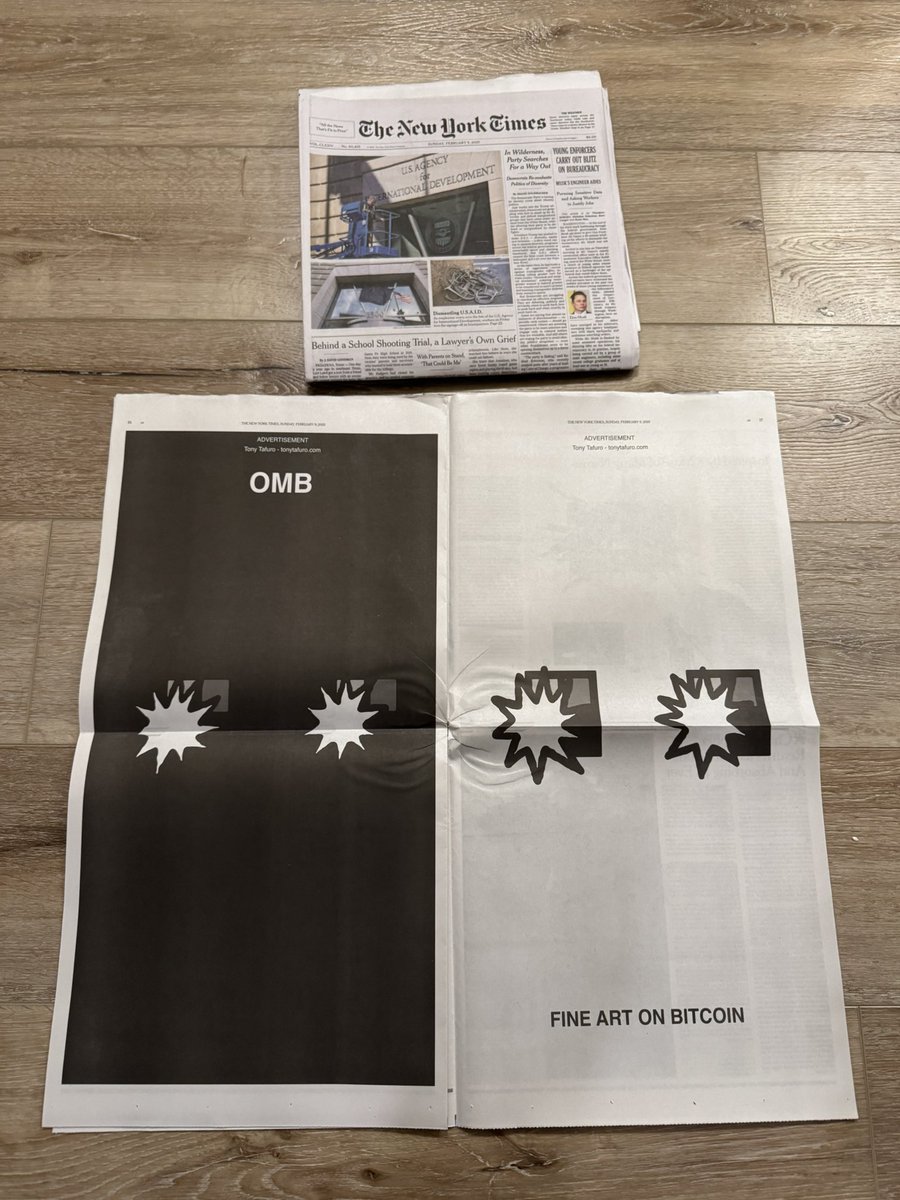 Ord.io (@ord_io) on Twitter photo BREAKING: The Bitcoin Ordinals collection <a href="/OrdinalMaxiBiz/">Ordinal Maxi Biz (OMB)</a> just took out a full page ad in the New York Times today π€― BREAKING: The Bitcoin Ordinals collection <a href="/OrdinalMaxiBiz/">Ordinal Maxi Biz (OMB)</a> just took out a full page ad in the New York Times today π€―