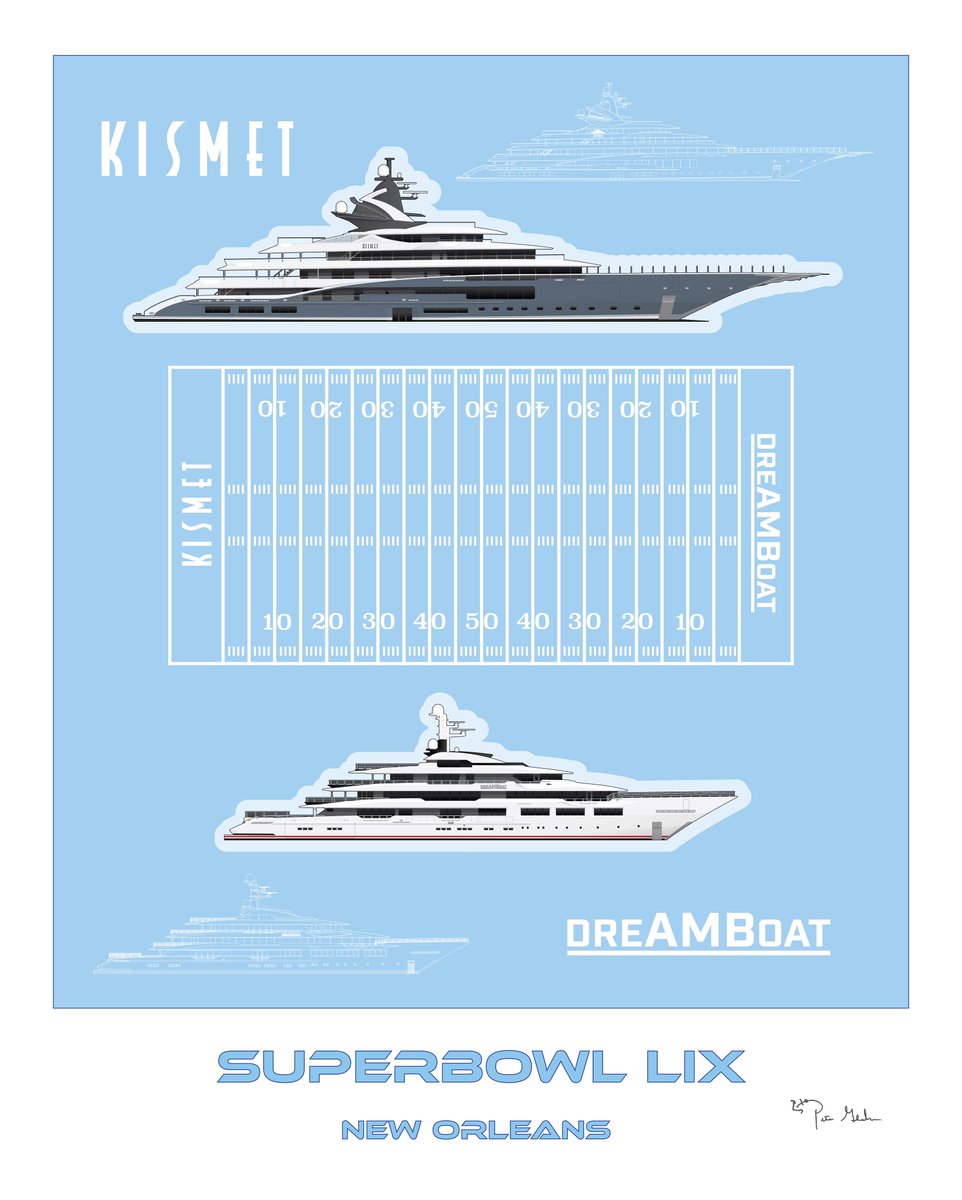 It’s Super Bowl Sunday, and rumor has it there are a couple of big boats in town for the game.  

DreAMBoat 295ft / 90m 
Built by Oceanco and designed by Espen Oeino.

Kismet 400ft / 122m (longer than a football field!!!) 
Built by Lurssen and designed by Nuvolari Lenard.