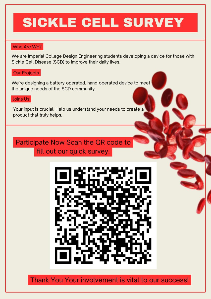 Invisible Warrior_SCD (@inviswarriorscd) on Twitter photo Sharing this call from <a href="/imperialcollege/">Imperial College London</a> students for #SickleCell warriors, medical specialists, and carers to fill in this survey: qualtricsxmjb758km3z.qualtrics.com/jfe/form/SV_3X…
#SickleCell #designengineering #survey Sharing this call from <a href="/imperialcollege/">Imperial College London</a> students for #SickleCell warriors, medical specialists, and carers to fill in this survey: qualtricsxmjb758km3z.qualtrics.com/jfe/form/SV_3X…
#SickleCell #designengineering #survey