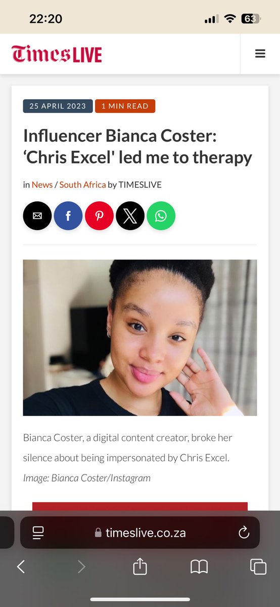 The Kiffness (@thekiffness) on Twitter photo One of South Africa's biggest accounts <a href="/ChrisExcel102/">ChrisExcel</a> is run by Azola Christopher Thabane - a man who hides behind the photo of a woman influencer, Bianca Coster.
He hasn't changed the photo despite knowing the crazy stuff he posts using her image has led her to therapy. One of South Africa's biggest accounts <a href="/ChrisExcel102/">ChrisExcel</a> is run by Azola Christopher Thabane - a man who hides behind the photo of a woman influencer, Bianca Coster.
He hasn't changed the photo despite knowing the crazy stuff he posts using her image has led her to therapy.
