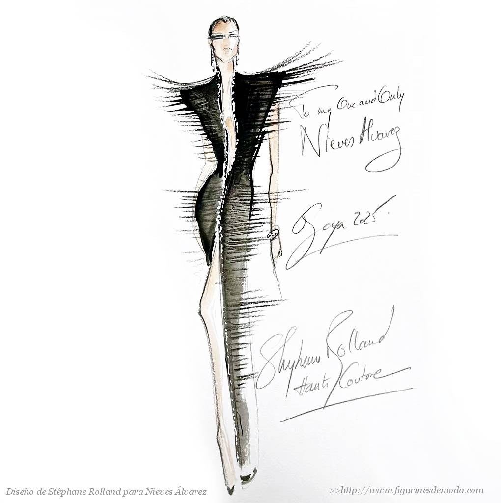 FigurinesdeModa's tweet image. El figurín de moda con el diseño del vestido que lució la elegantísima Nieves Álvarez en la alfombra roja de los Premios Goya. Un sofisticado vestido negro adornado con plumas obra del diseñador francés Stéphane Rolland #Goyas2025 #diseñodemoda #MaestrosDeLaCostura #altacostura