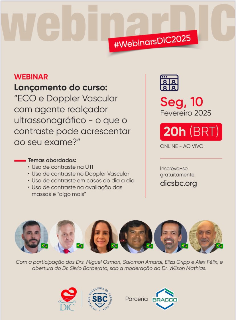 Join us on February 10, 2025, at 8 p.m. BRT for the online launching of the new course "The Use of Ultrasound Enhancement Agents in Cardiovascular Clinical Practice." Offered free of charge by the Cardiovascular Imaging Department of the Brazilian Society of Cardiology (DICSBC).