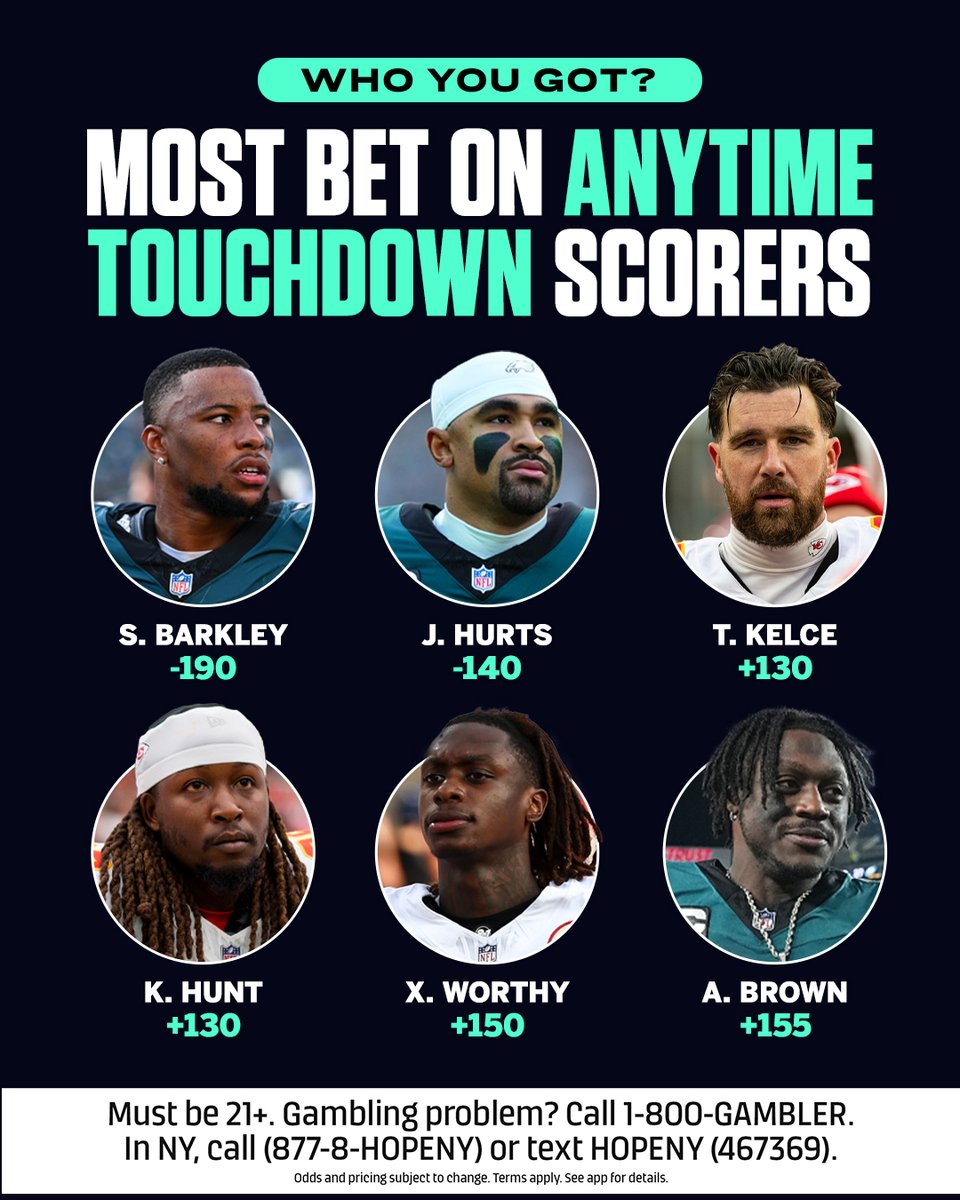 ESPNBET's tweet photo. Who do you see finding the end zone in #SuperBowlLIX? 🤔 https://t.co/B8aapcLQ43