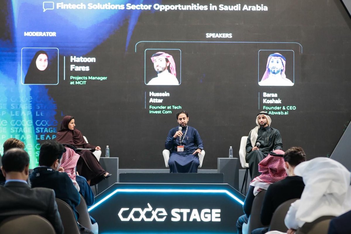 baraa_koshak's tweet photo. Honored to speak at the CODE Stage  @LEAPandInnovate'25 with Hatoon &amp; @HusseinAttar on fintech opportunities in 🇸🇦. Regulation is maturing, the ecosystem is thriving &amp; SME funding is evolving. Big thanks to @McitGovSa for hosting!  #LEAP2025 #Fintech #SaudiFintech #Abwab https://t.co/FaLvvcljs8