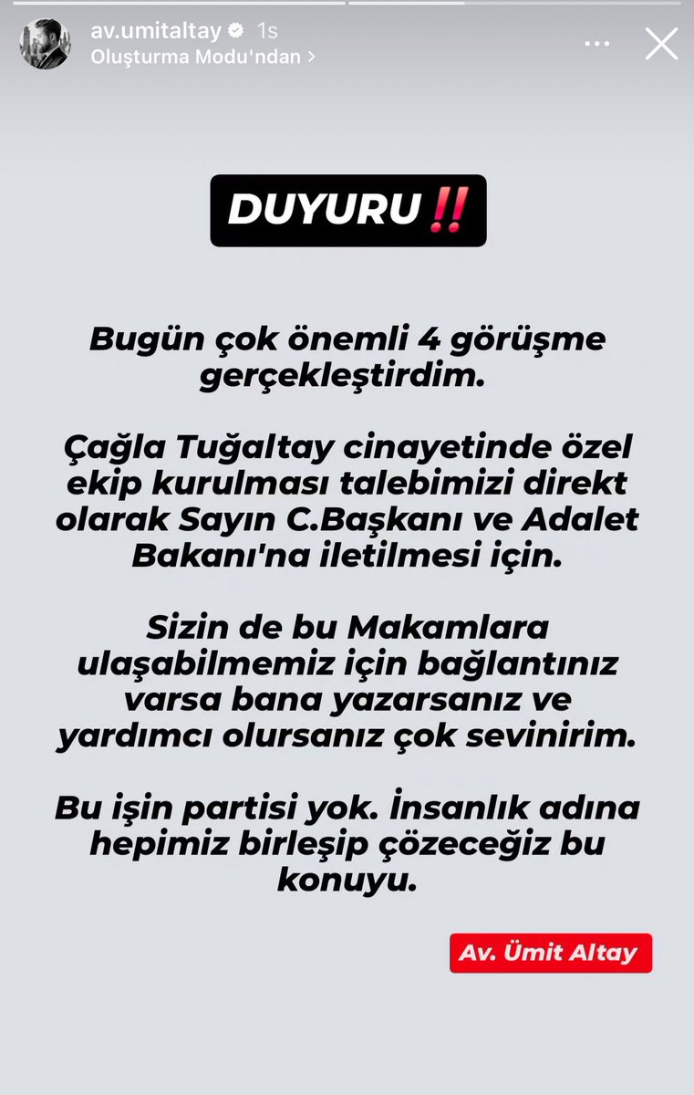 Av. Ümit Altay bugün Çağla Tuğaltay dosyasının Sayın Cumhurbaşkanı ve Adalet Bakanı’na iletilmesi için 4 önemli görüşme gerçekleştirdiğini duyurdu.

Cinayetin daha üst makamlara taşınabilmesi için bağlantılar bize yardımcı olacaktır. 

Desteklerinizi bekliyoruz.🤍

#caglatugaltay