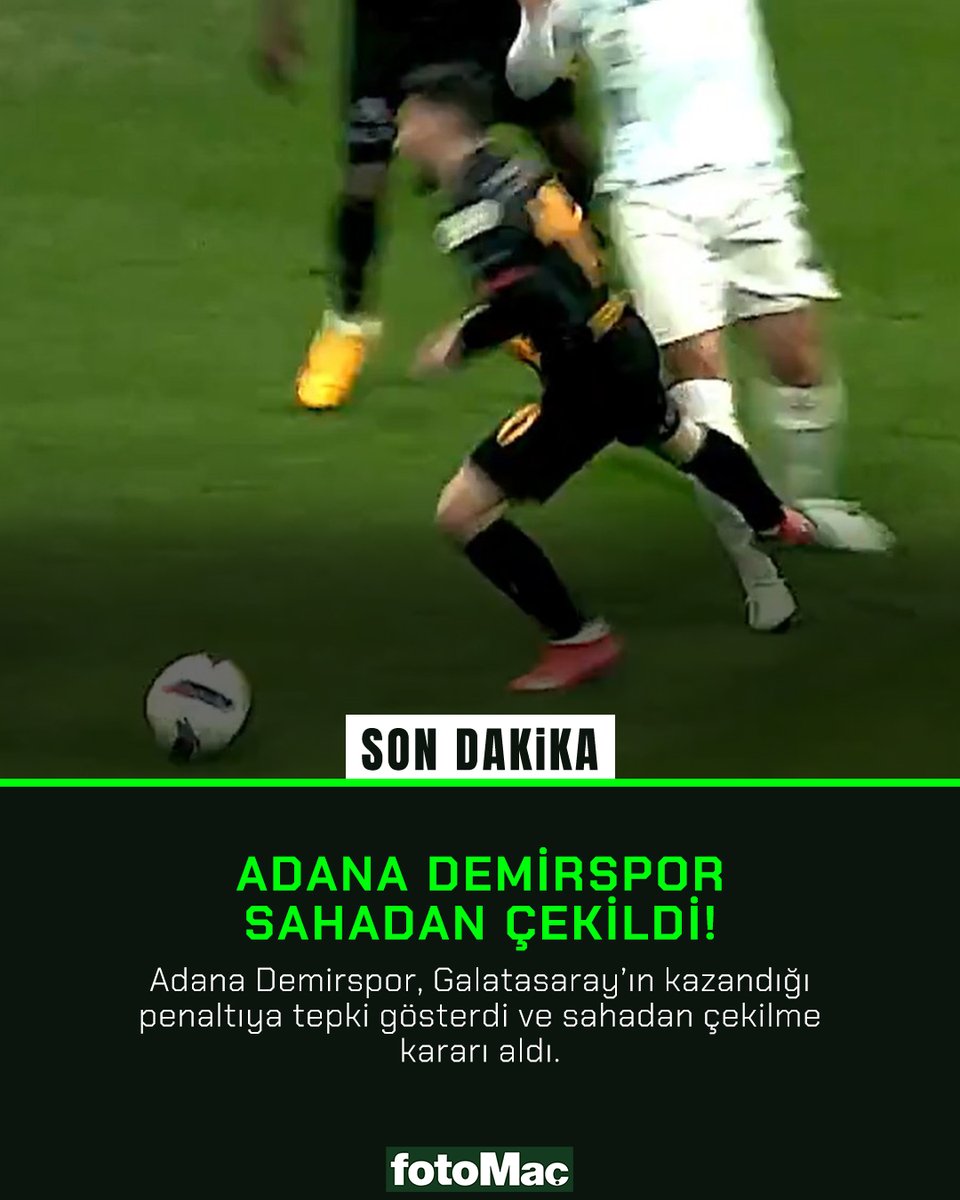 fotomac's tweet photo. ADANA DEMİRSPOR SAHADAN ÇEKİLDİ! 

Adana Demirsporlu oyuncular, Galatasaray'ın kazandığı penaltıya tepki gösterdiler ve sahadan çekilme kararı aldılar. https://t.co/i07gFNdBaK