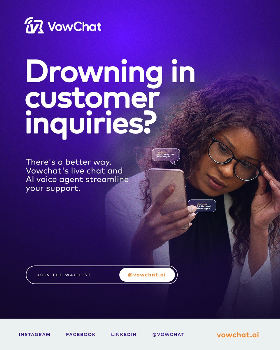 📍 Many businesses struggle to provide timely and personalized support. Vowchat is here to change that. Our platform combines live chat and voice AI for seamless customer interaction.

Join the waitlist! vowchat.ai

<a href="/adeife_adeoye/">Adeife Adeoye</a> <a href="/Fosudo/">Fisayo Fosudo</a>  <a href="/polyaivoice/">PolyAI</a> <a href="/LivePerson/">LivePerson</a>