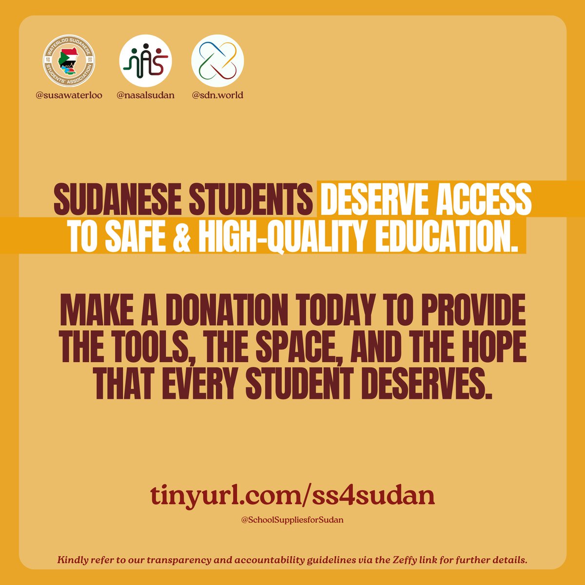 NasAlSudan (@nasalsudann) on Twitter photo The ongoing conflict in Sudan has displaced millions of children, leaving them without access to education. In partnership with <a href="/SDNworld/">Sudanese Diaspora Network</a> & IG:@susawaterloo, we are raising $30K to support Sudanese students at two schools in Egypt.
Donate today: tinyurl.com/ss4sudan
#Sudan The ongoing conflict in Sudan has displaced millions of children, leaving them without access to education. In partnership with <a href="/SDNworld/">Sudanese Diaspora Network</a> & IG:@susawaterloo, we are raising $30K to support Sudanese students at two schools in Egypt.
Donate today: tinyurl.com/ss4sudan
#Sudan