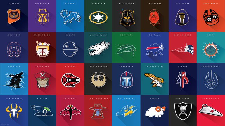 In honor of the Super Bowl today, here are my Star Wars NFL logos. Who do you guys got in today’s big game? #starwars #SuperBowlLIX #nfl