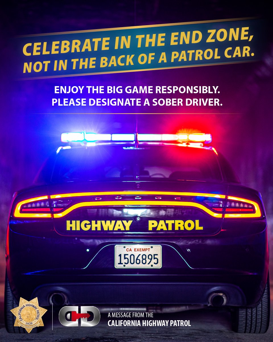 CHP_REDBLUFF's tweet photo. It's game day! ๐ Celebrate your team's big plays in the end zone-not in the back of a patrol car. Plan ahead and enjoy the game responsibly. Designate a sober driver or arrange a ride before kickoff. Let's make sure everyone gets home safely! #chpredbluff #CaliDDP #chp https://t.co/npUCyIMBVs