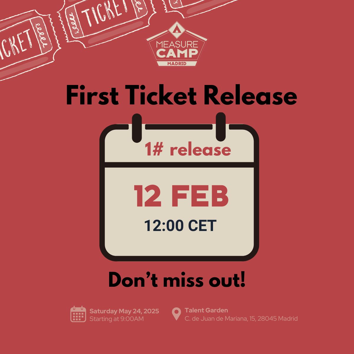 🚀 Get ready! The first batch of tickets for MeasureCamp Madrid drops on 12th February at 12:00 CET! 🎟️ Don’t miss your chance - mark your calendar, set a reminder! 
🔗 More details: spain.measurecamp.org 
#MeasureCampMad #MeasureCamp