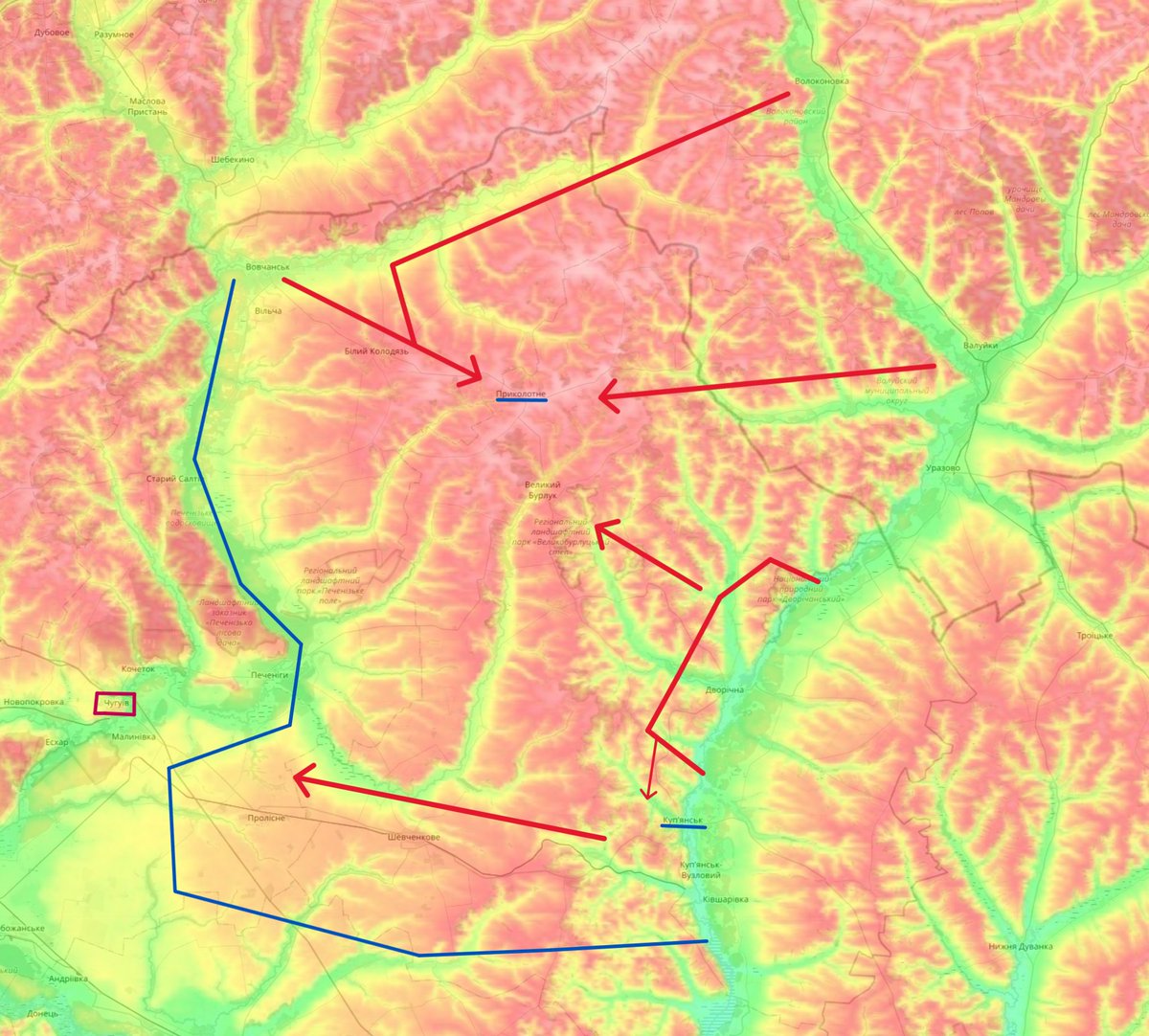 squatsons's tweet image. The north eastern corner of the Kharkov oblast is already a difficult area for Ukrainian defenders to occupy with its remote positioning, lengthy logistics and proximity to not only the front but the Russian border as well. Inversely the Russian position on the matter is quite…