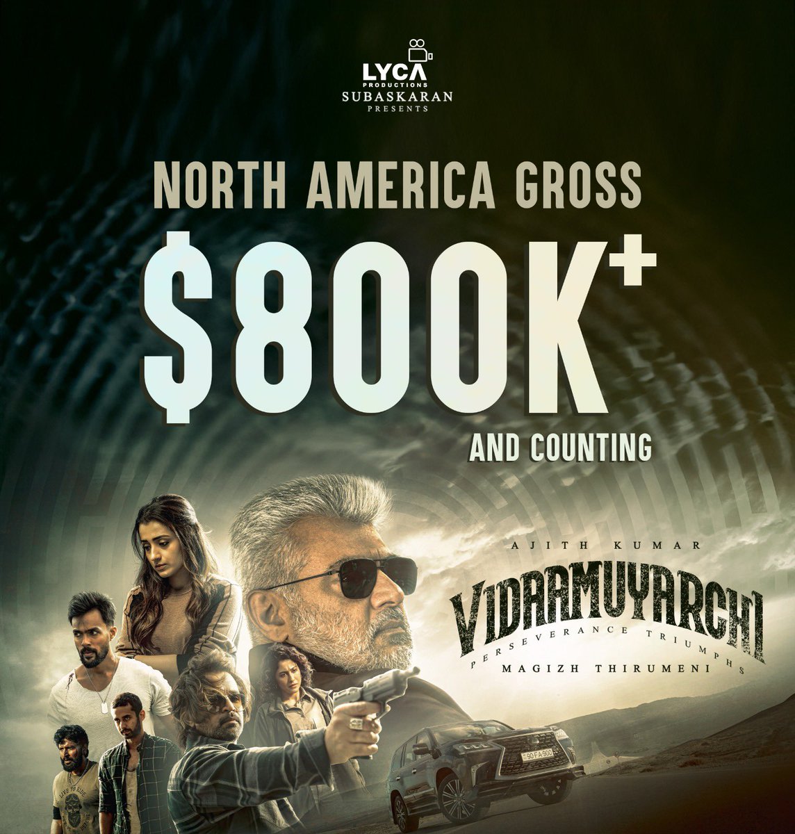 LycaProductions's tweet photo. Persistence triumphs! 💪 VIDAAMUYARCHI grosses $800K+ in North America and counting. 🤩 

VIDAAMUYARCHI TRIUMPHS📽️✨

#Vidaamuyarchi #Pattudala #EffortsNeverFail

#AjithKumar #MagizhThirumeni @LycaProductions #Subaskaran @gkmtamilkumaran @trishtrashers @akarjunofficial @anirudhofficial @omdop @srikanth_nb @MilanFern30 @supremesundar @itsanuvardhan @Aravoffl @ReginaCassandra #NikhilNair @anandkumarstill @Udaykumar_Mix @gopiprasannaa @hariharalorven @knackstudios_ @SureshChandraa @AbdulNassarOffl @DoneChannel1 @vidaamuyarchii @SonyMusicSouth @SunTV @RednoolOfficial @Netflix_INSouth @NetflixIndia @fdn_movies

Perseverance Triumphs | விடாமுயற்சி திருவினையாக்கும் #VidaamuyarchiTriumphs
