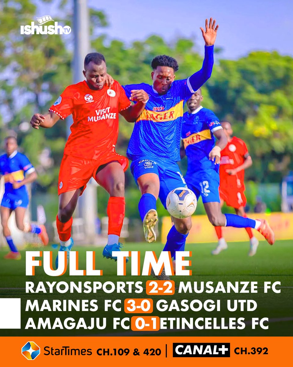 ISHUSHOTV's tweet photo. #football #RPL DAY 16 |FT
Rayon Sports 2-2 Musanze FC
⚽Fall Ngagne 45’,80’
———
⚽️Inemest Sunday 45+2’,
⚽️Adeshola Adeaga 89’
Mu yindi mikino,
Marines Fc 3-0 Gasogi Utd
Amagaju Fc 0-1 Etincelles Fc
#ishushotv #freshandfun https://t.co/SXM9REaz8i