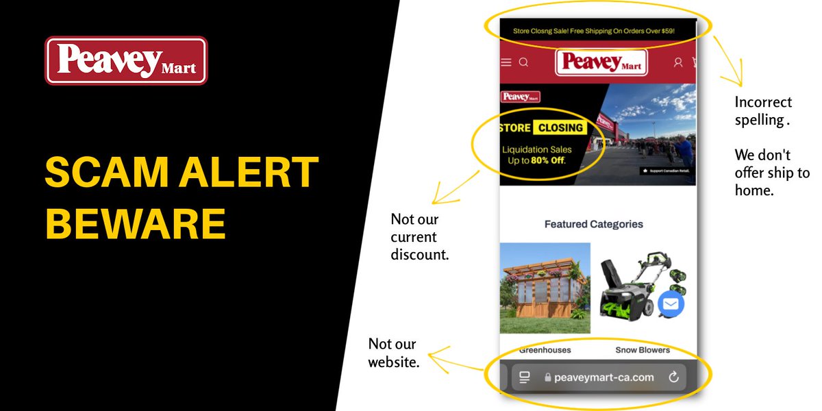 CUSTOMER SCAM ALERT

If it's not peaveymart.com it's not our website.
If it isn't Peavey Mart with a verified blue checkmark on Facebook, it's not our social media.

Please be aware of scams trying to take advantage of you.

We will NOT ask for your credit card online.