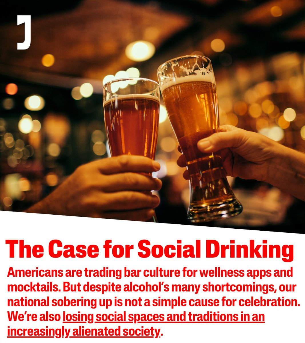 jacobin's tweet photo. At first glance, America’s declining drinking culture looks like a public health victory. But in an age of unprecedented loneliness and isolation, we’re losing crucial spaces for human connection. https://t.co/HnpslFjOiQ https://t.co/RKki2rAqDD