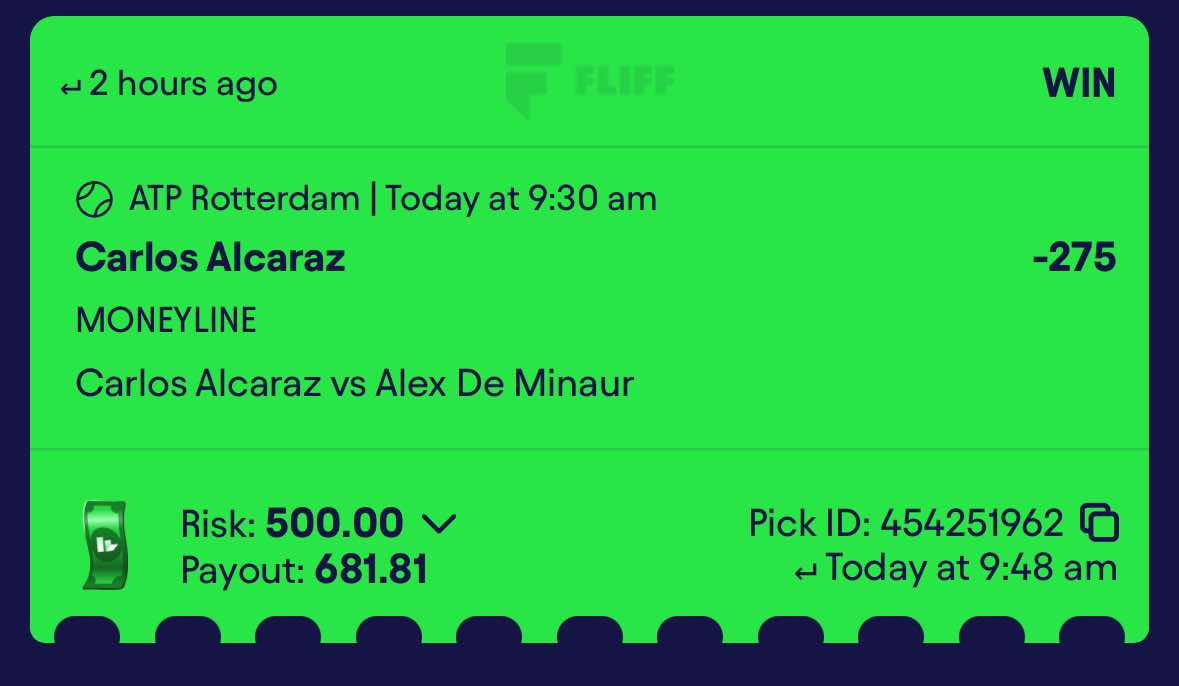 theGamblingBr0s's tweet photo. Bravo Carlos! 👏🏻 🎾
The Streak Continues 🤑
#nba #carlosalcaraz #atprotterdam #minaur #tennis #nfl #chiefs #eagles #fliff #Fanduel #Hardrock #nhl #mlb #GamblingX #Draftkings #betmgm https://t.co/bNls0T5nrj