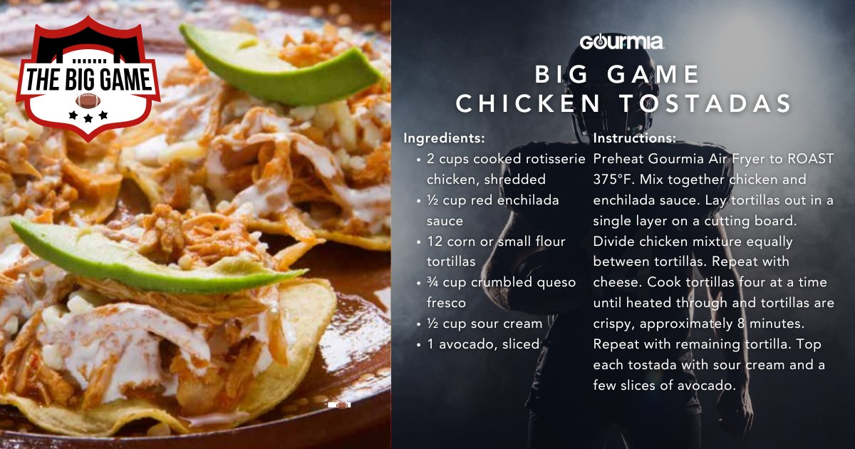 gourmia's tweet photo. 🏈 It’s game time, and these Air Fryer Chicken Tostadas are here to WIN. 🍗🌮 Crispy, flavorful, and made in the Gourmia Air Fryer—they’ll have your crew cheering even during commercials. 🏆🔥 #BigGameEats #GourmiaSnacks #TouchdownTostadas | https://t.co/pUlT3Jcuj5 https://t.co/k1TPxS1gw3