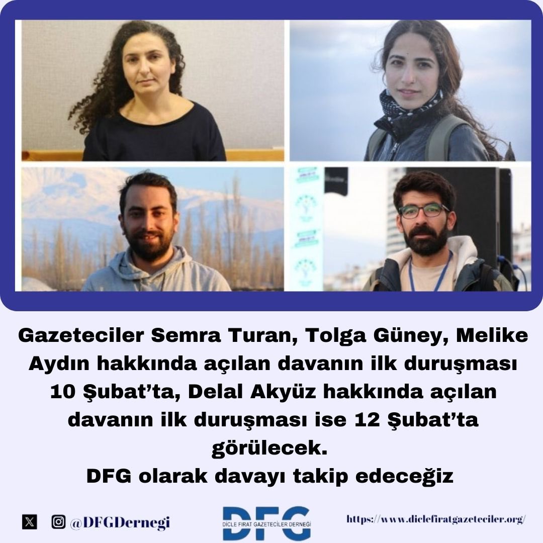 PGercegi's tweet photo. Gazeteciler Semra Turan, Tolga Güney, Melike Aydın hakkında açılan davanın ilk duruşması 10 Şubat’ta, Delal Akyüz hakkında açılan davanın ilk duruşması ise 12 Şubat’ta görülecek #gazeteciliksuçdeğildir https://t.co/orOmFO0zZx