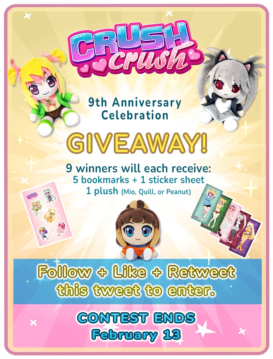 Crush Crush (@crushcrush) on Twitter photo Crush Crush is turning 9! And what better way to celebrate OUR birthday than by giving YOU gifts? 9 lucky fans will win some cool swag, including stickers, bookmarks, and best of all, snuggly plushies! To enter the #giveaway follow <a href="/CrushCrush/">Crush Crush</a> and RT πthis post! Crush Crush is turning 9! And what better way to celebrate OUR birthday than by giving YOU gifts? 9 lucky fans will win some cool swag, including stickers, bookmarks, and best of all, snuggly plushies! To enter the #giveaway follow <a href="/CrushCrush/">Crush Crush</a> and RT πthis post!